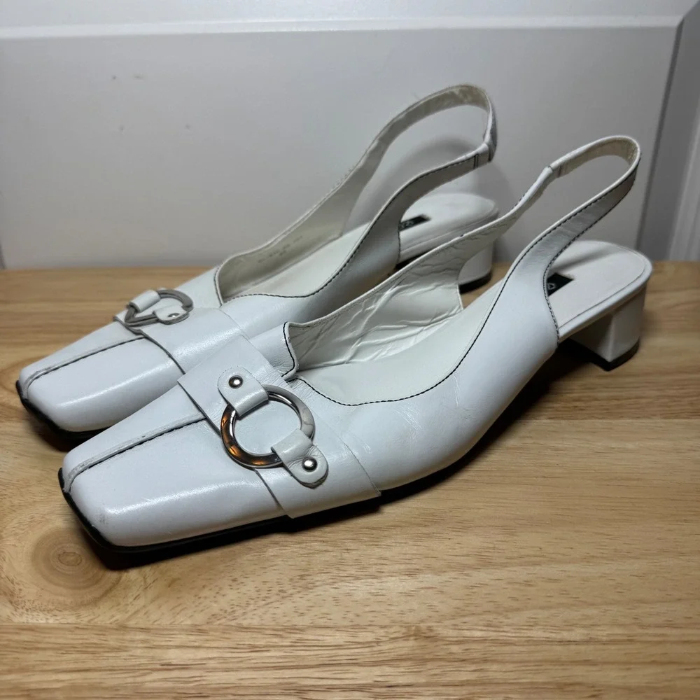 Ecco Womens White Leather Square Toe Slingback Block Heels Silver Buckle Size 40